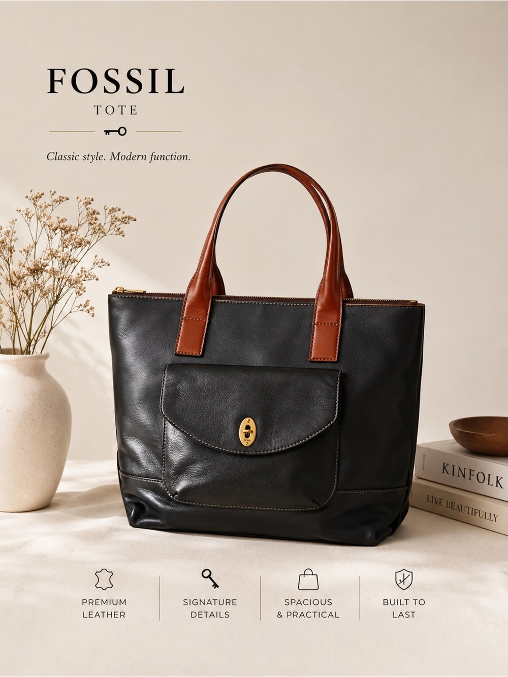 Fossil shopper tote crafted black leather contrasting brown leather handles